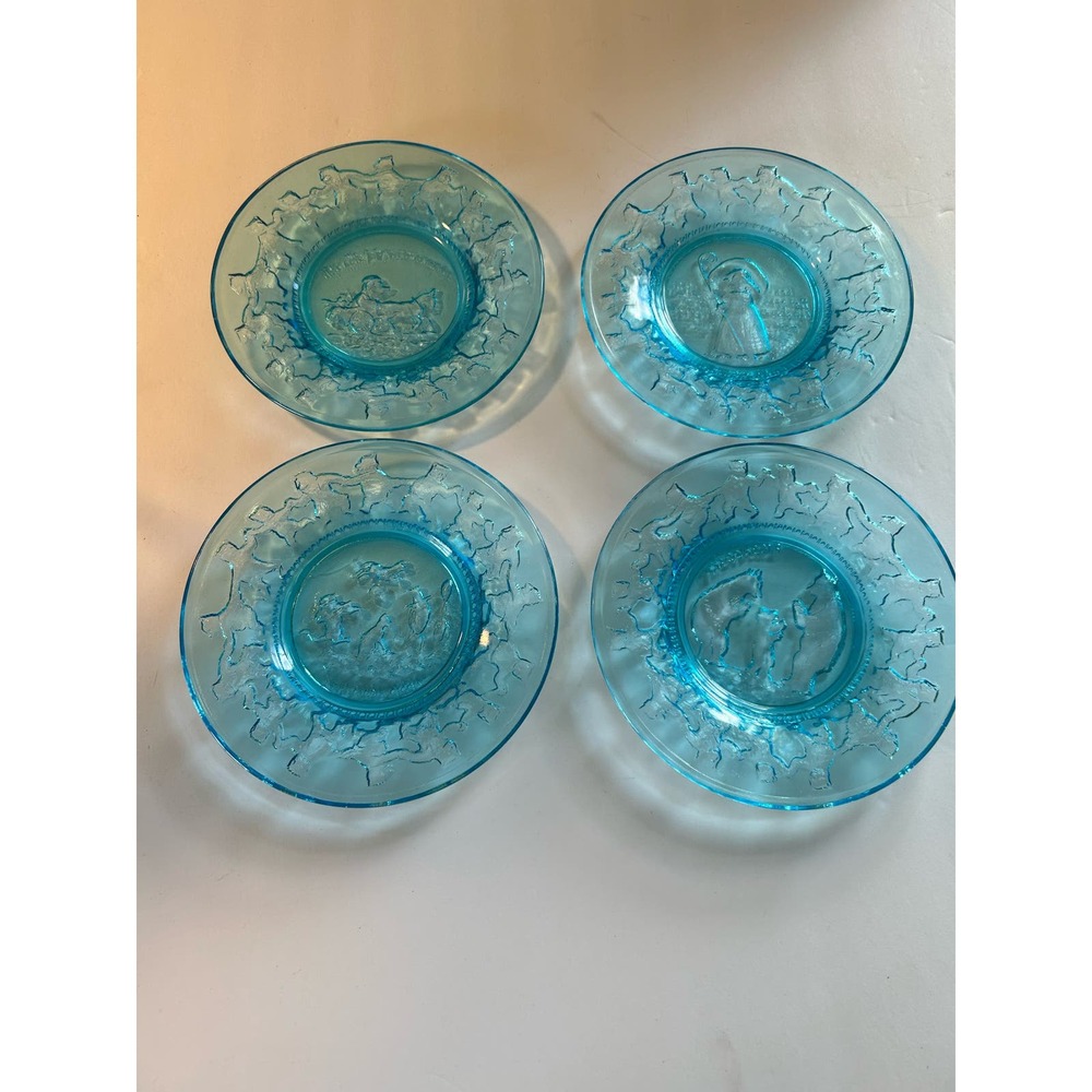 Vintage Tiara Indiana Glass Blue Nursery Rhyme Plates 6.5" Set of 4